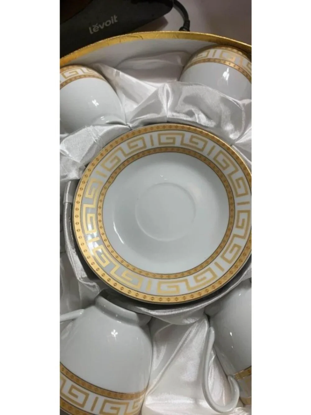 12 Pc Greek Key Fine Porcelain Coffee Set 6 Cups & Saucers Gold Trim Versace Sty
